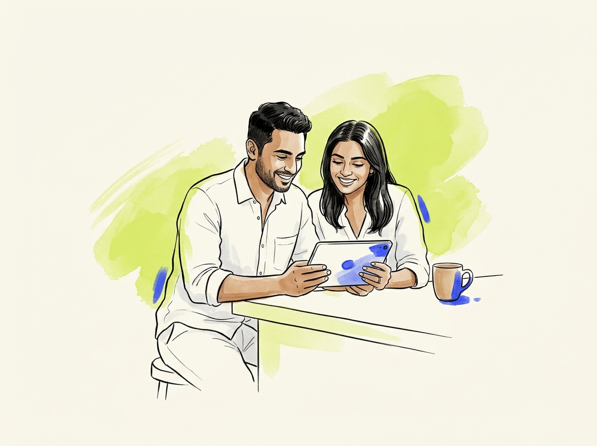 Couple reviewing shared bills cooperatively on tablet