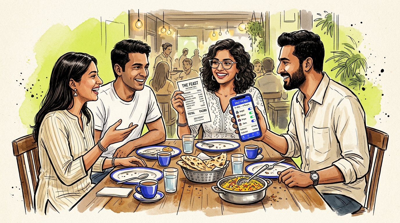 Four friends at restaurant dining table happily splitting check