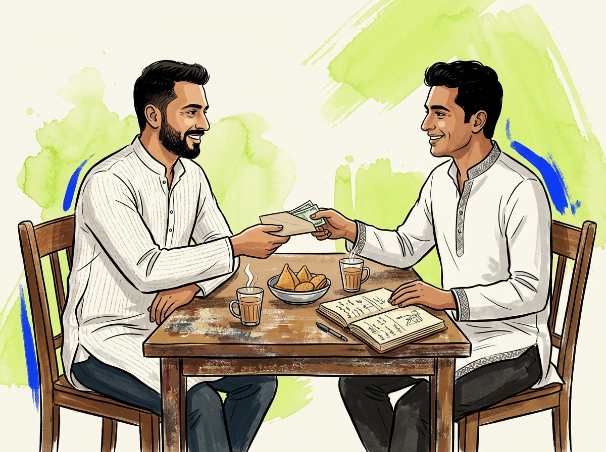 Two friends at cafe passing cash envelope and checking ledger
