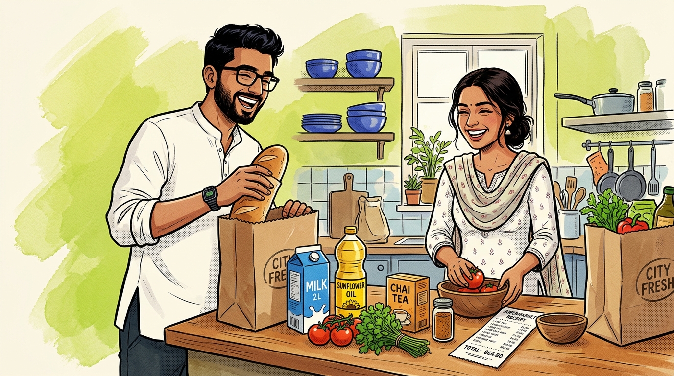 Two roommates in kitchen unpacking grocery bags with receipts