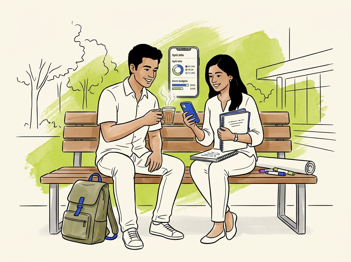University students sitting on bench discussing project expenses