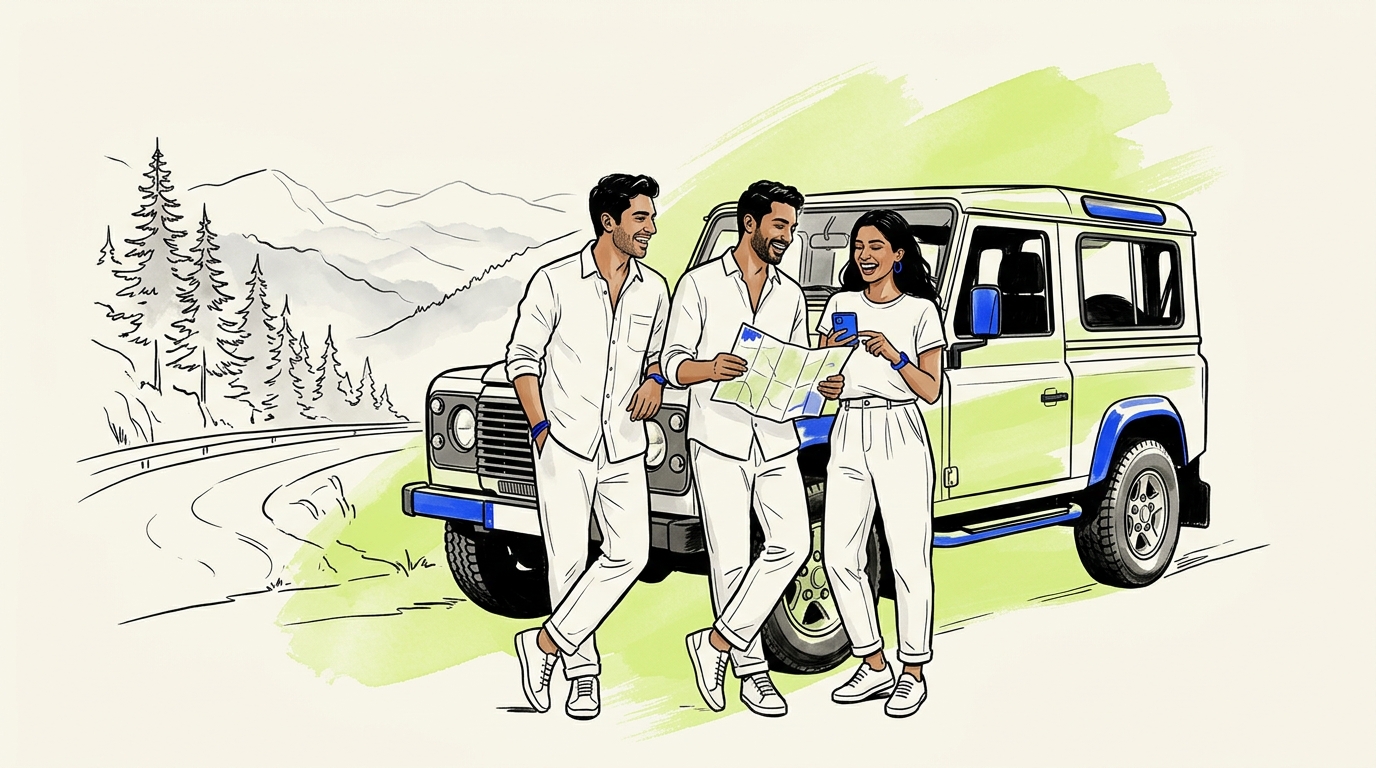 Three friends on mountain trip tracking expenses without signal