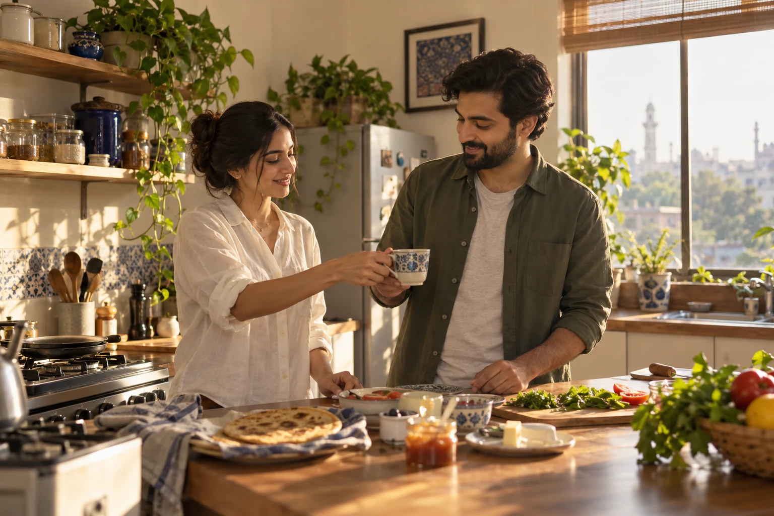 A couple making breakfast together