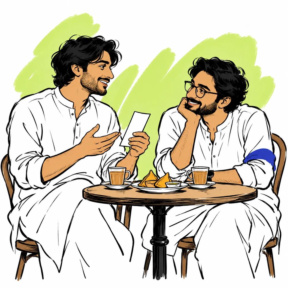 Two friends sharing chai and checking a receipt at a café.