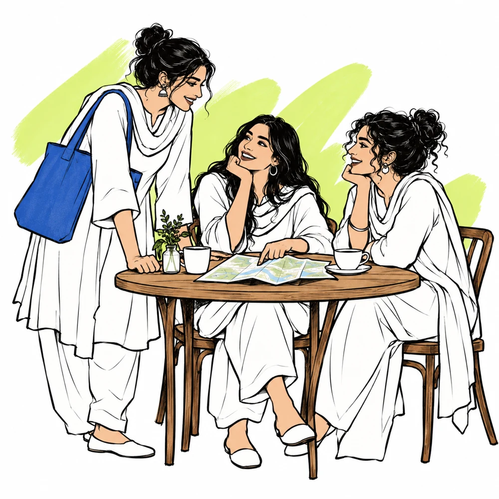 Three friends gathered around a table planning a weekend together.
