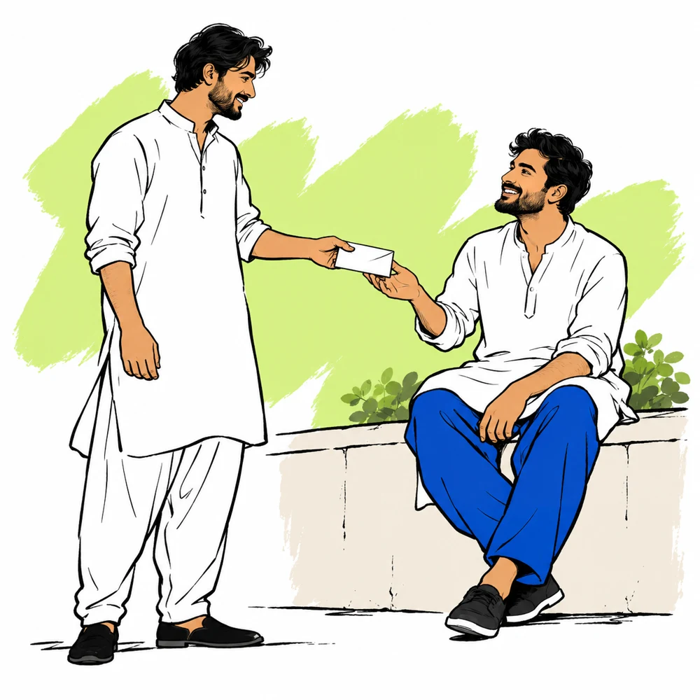 Two friends exchanging a small envelope in a relaxed everyday moment.
