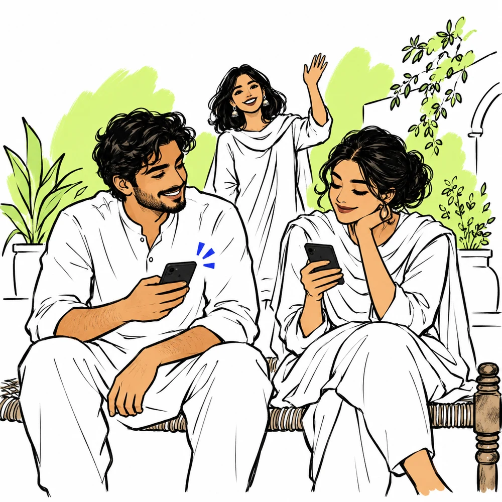 Friends checking their phones and keeping up with one another.