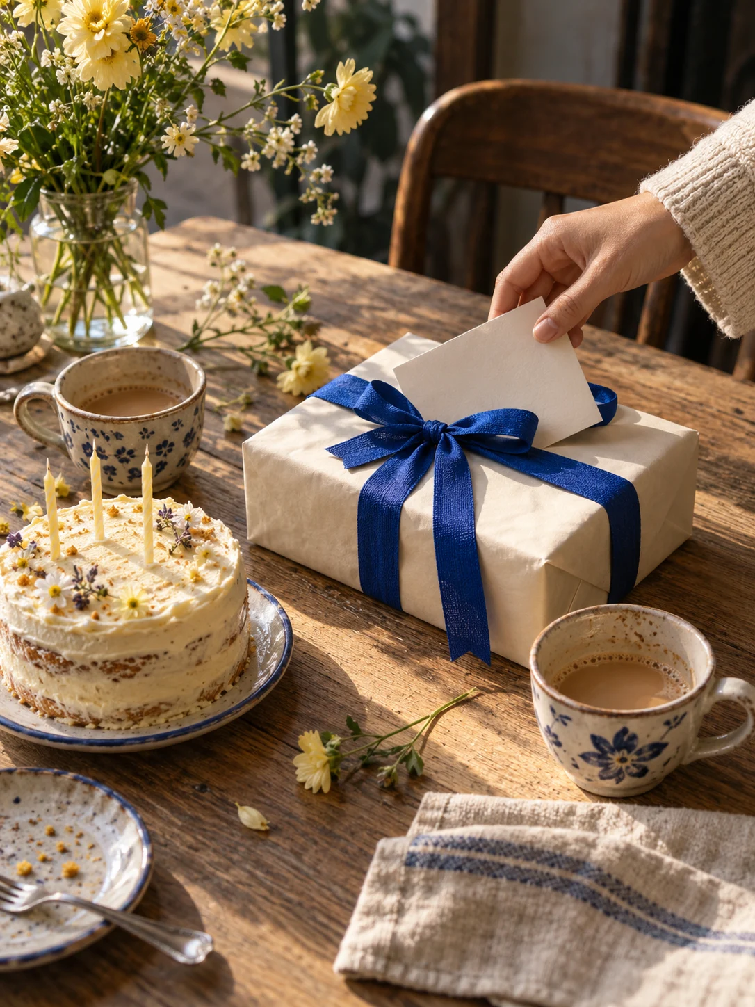 A wrapped gift with cobalt ribbon, a small birthday cake and chai cups on a café table.