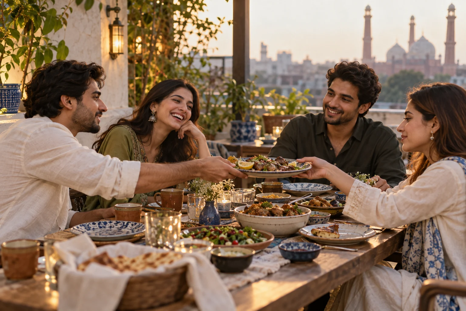 Friends sharing dinner and conversation at an outdoor café.