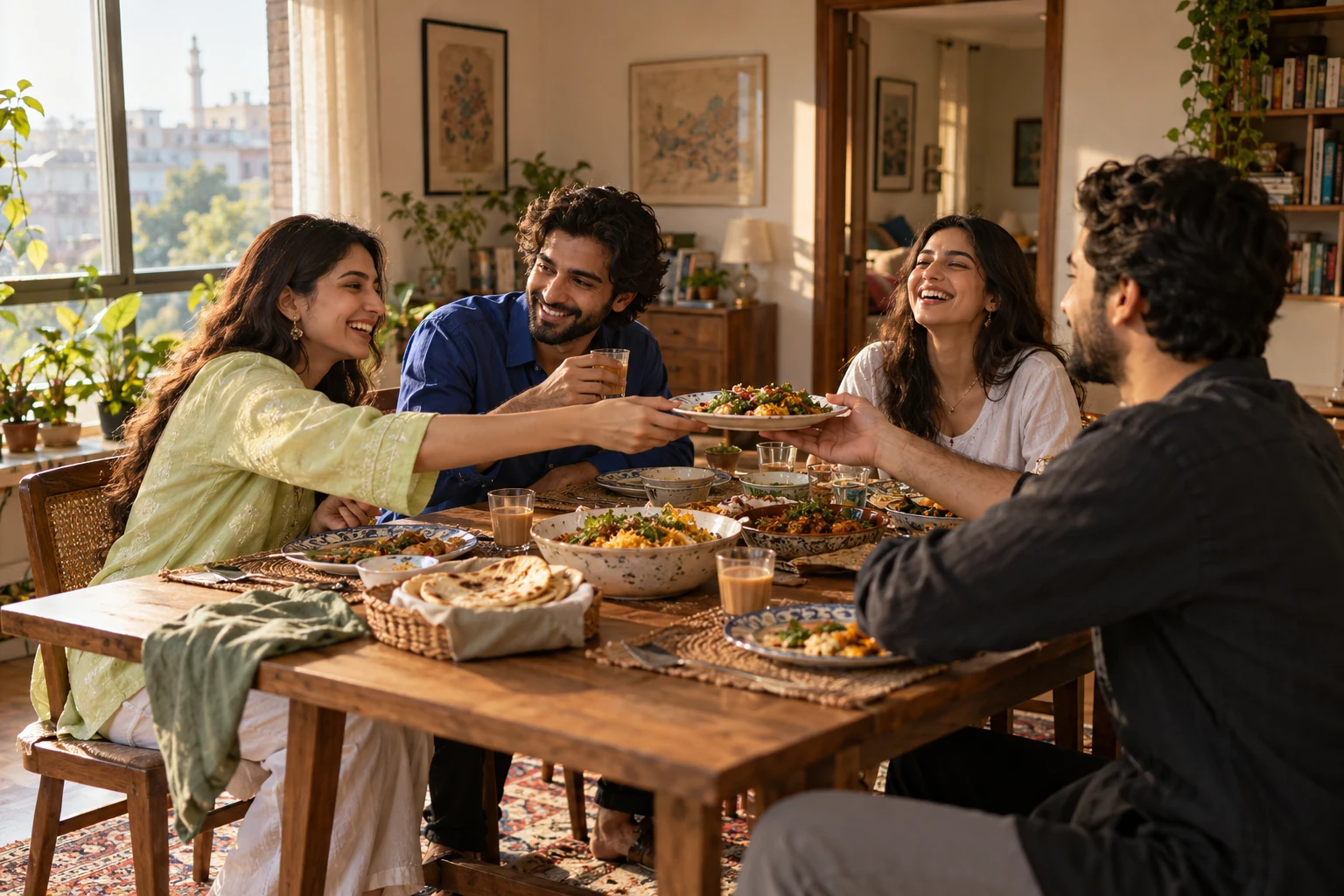Friends sharing a relaxed meal around a table