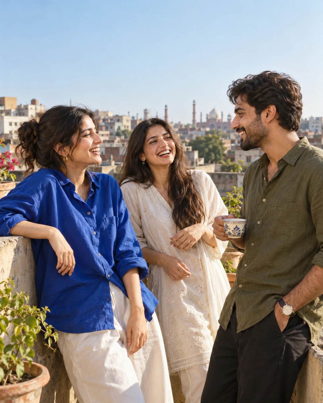 Three friends sharing a laugh over chai on an apartment rooftop