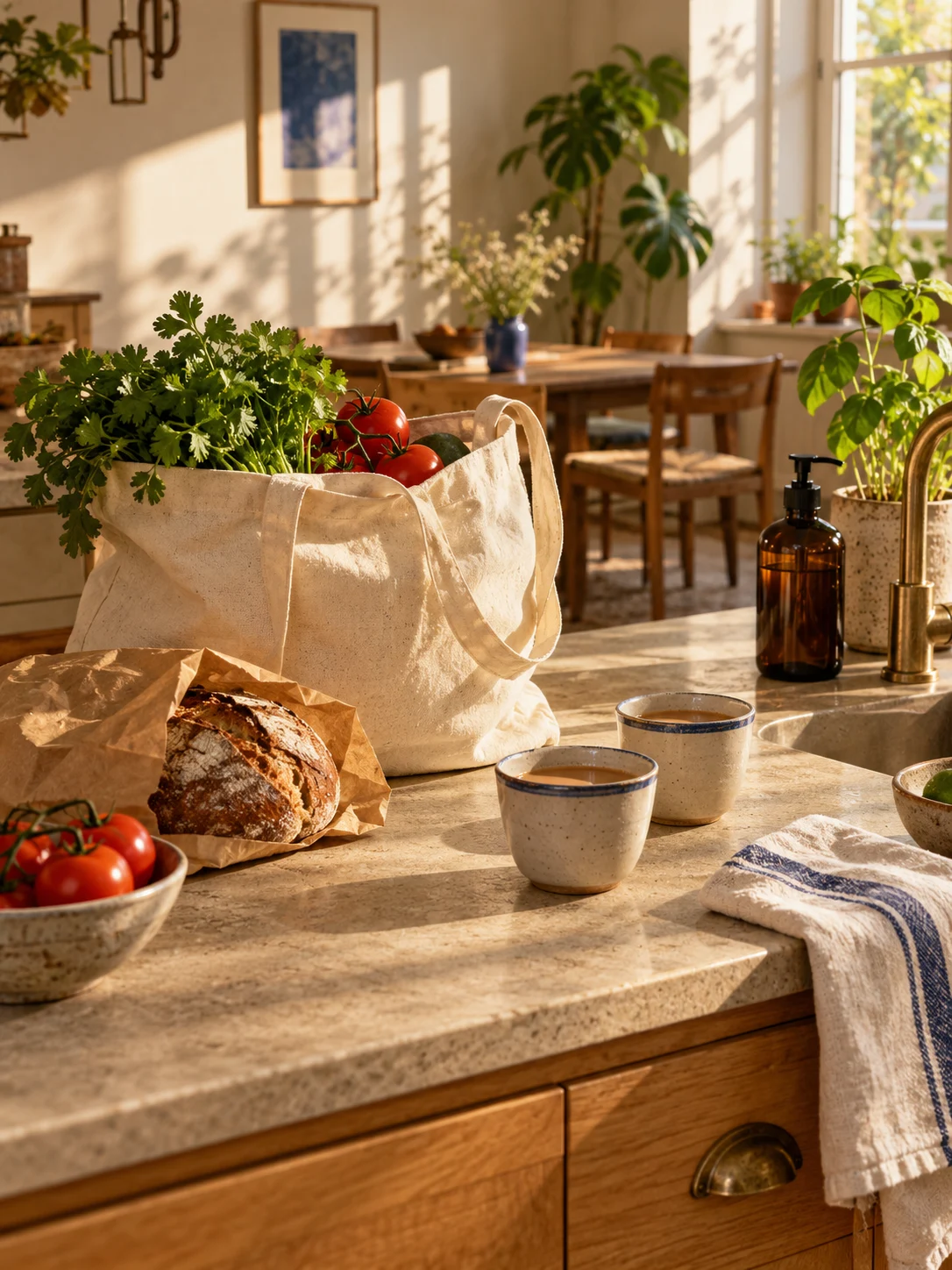 Groceries, chai cups and everyday supplies on a sunlit kitchen counter.