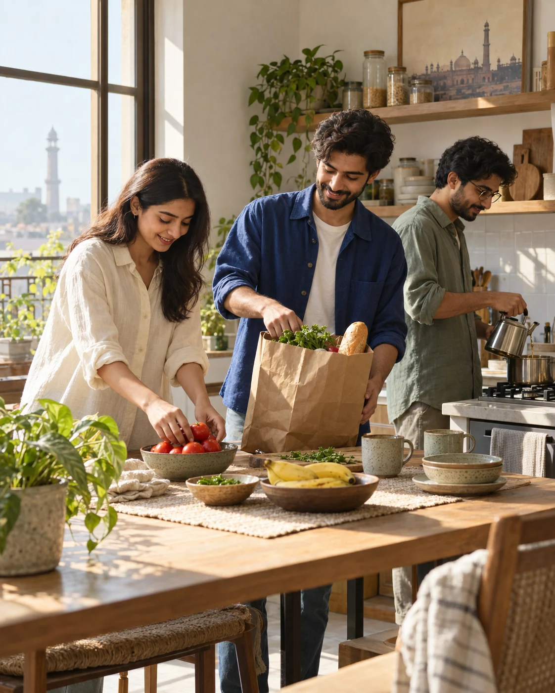 Housemates unpacking groceries in their shared kitchen