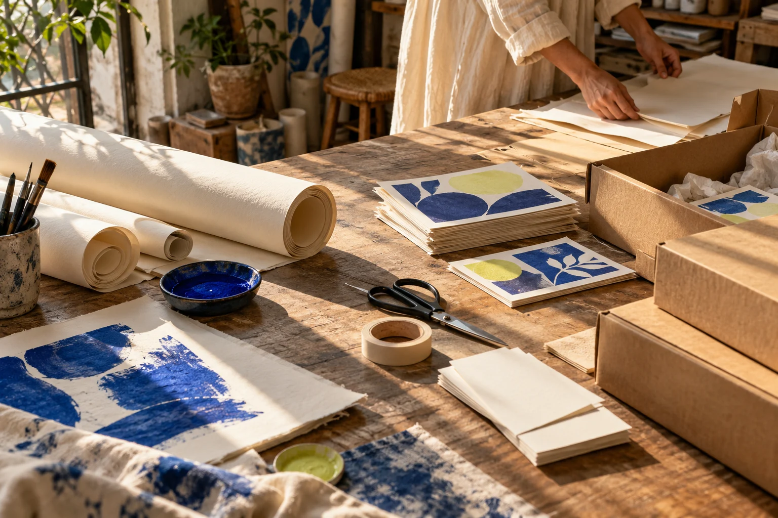 Paper, printing supplies and packing materials on the studio worktable.