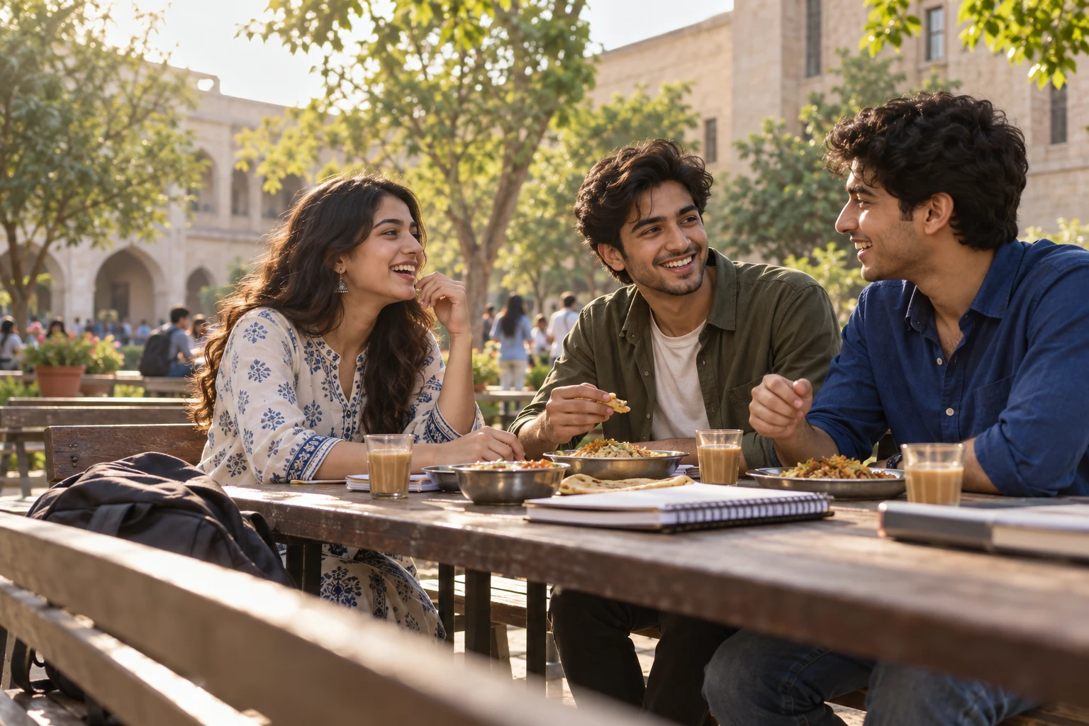 Friends sharing lunch on campus