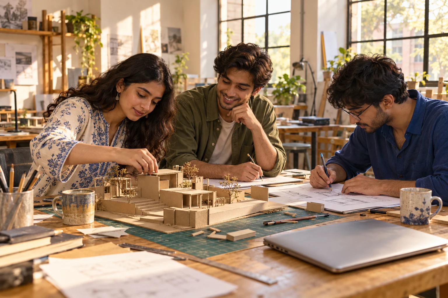 Three students working on a cardboard design model with shared materials and sketches.